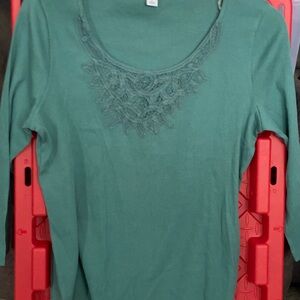 Anne Klein Sport Teal Embroidered Long Sleeve Top